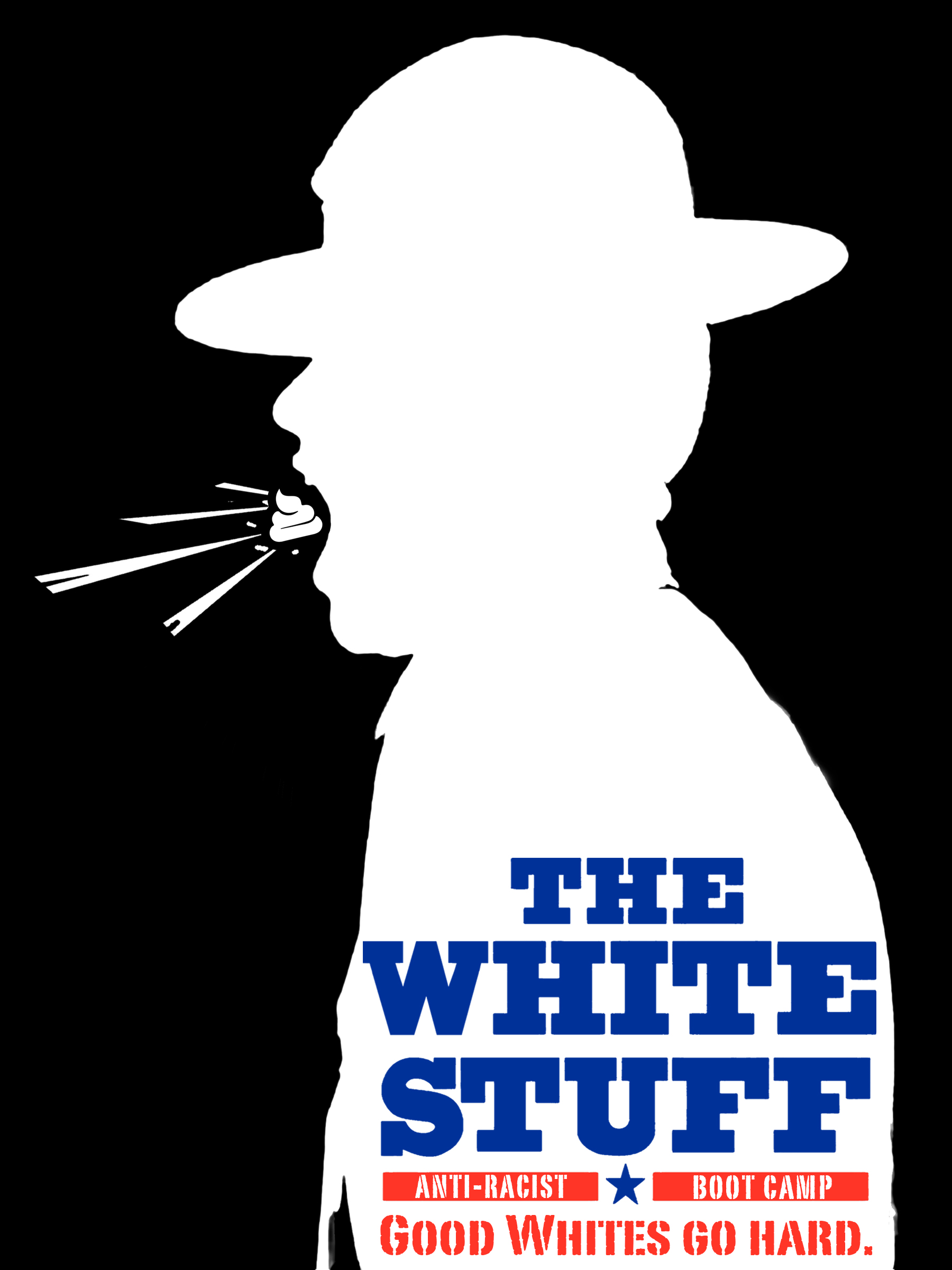 White silhouette of a man in a hat with a swirly turd going into or out of his mouth