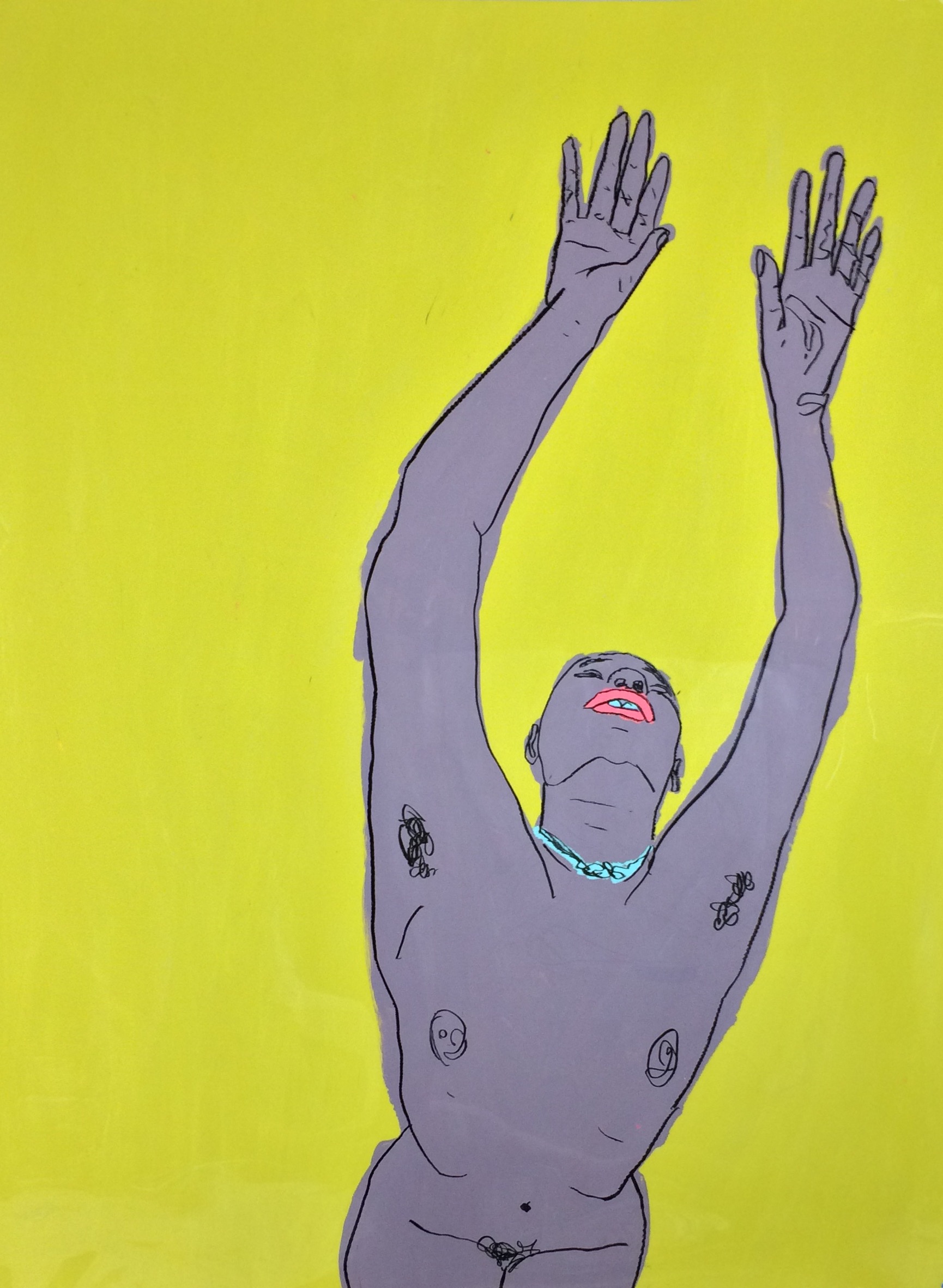 "Torri Hands Overhead" (2017), black wax marker and acrylic paint on dura-lar. 