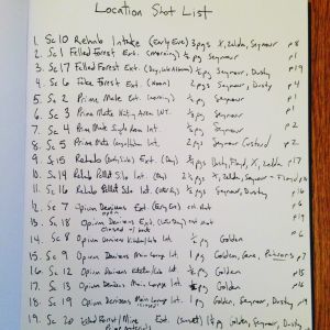 A list in handwriting of location shots