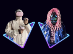 Left: A white man in a sporty jacket wearing a pink virtual reality headset and remote controllers in both hands is floating in a colorful triangle shape with a dark background. Right: A drag queen in a blue outfit and with big pink hair has a digital LED mask on that says “OBJECT” and is floating in a colorful triangle shape with a dark background.