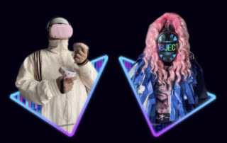 Left: A white man in a sporty jacket wearing a pink virtual reality headset and remote controllers in both hands is floating in a colorful triangle shape with a dark background. Right: A drag queen in a blue outfit and with big pink hair has a digital LED mask on that says “OBJECT” and is floating in a colorful triangle shape with a dark background.