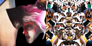 Left: A printed scanned image of a drag queen’s face with pink hair next to a scanned image of a leg wearing nude fishnet tights. Right: a fractal collage of people in various poses, some sitting on chairs, on a white background..