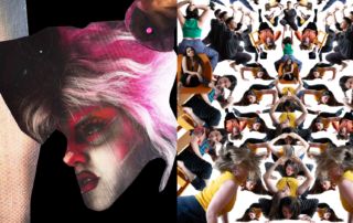 Left: A printed scanned image of a drag queen’s face with pink hair next to a scanned image of a leg wearing nude fishnet tights. Right: a fractal collage of people in various poses, some sitting on chairs, on a white background..