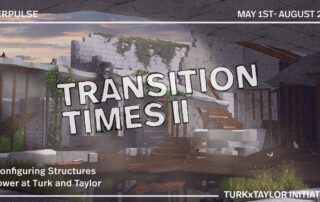 A promotional image for TurkxTaylor exhibition “Transition Times Part II Reconfiguring Structures of Power at Turk and Taylor” at CounterPulse May 1 to August 25, 2024. “Within an artfully rendered deconstructed building, nature grows on dilapidated walls and abandoned floors as sunlight shines through a gaping hole in the ceiling, exposing a cloudy sunset”