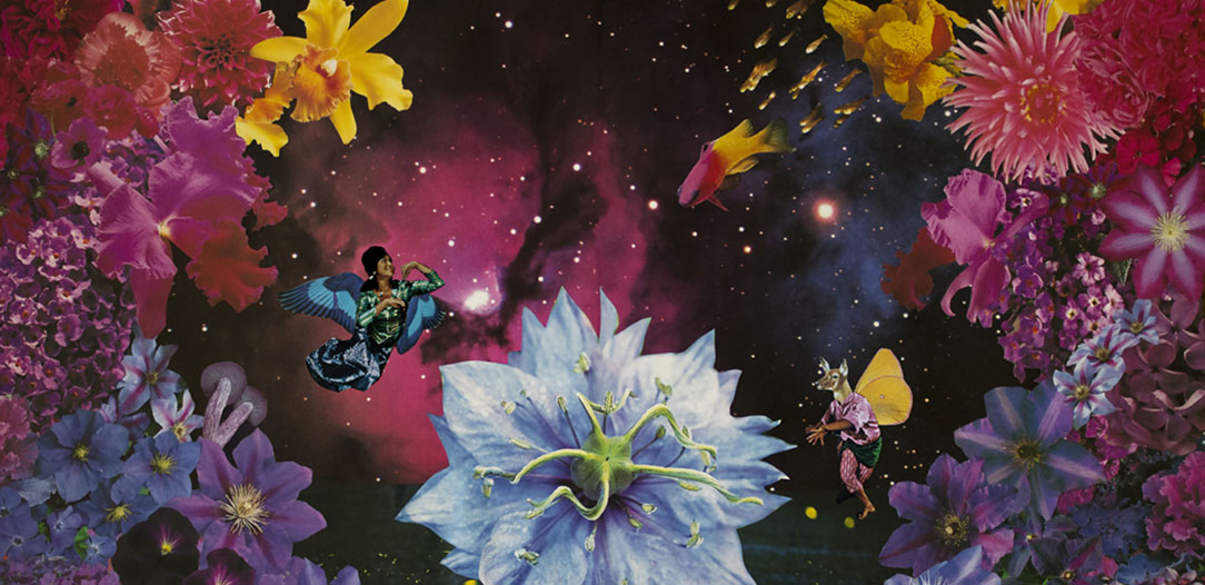 In this bright psychedelic scene set in a magenta and black space scape filled with stars that is framed by large yellow, red, pink, magenta and purple flowers, a dancing woman with blue bird wings smiles at a descending magenta and gold fish which is followed by a school of smaller golden fish. Opposite of the woman is a dancer with the head of a deer and yellow butterfly wings. In the bottom center between the two dancers is a giant periwinkle flower in full bloom.