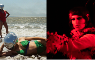 Left: Provided by Melissa Wong Alt text: located on the beach of the Albany Bulb, one figure is laying down horizontal on the sand in the foreground of the image. Their head is supported by their elbow, legs stretched out long. They are a lighter skinned mixed race asian american. They are wearing a bright green bikini with a silver mylar balloon over their head, which is fully inflated because of the wind. The second figure is standing further back, also mixed race asian american, with skin more in shadow, arms bent with hands resting on hips, located on the far left side of the image, in a pink one piece, also with an inflated mylar balloon over her head. Right: Provided by Robbie Sweeny Alt text: A blurry photograph taken in red light. A figure reaches her hand toward the camera, with a long feather boa covering her arm. Her eyes, painted with thick black eyeshadow, are closed in concentration.