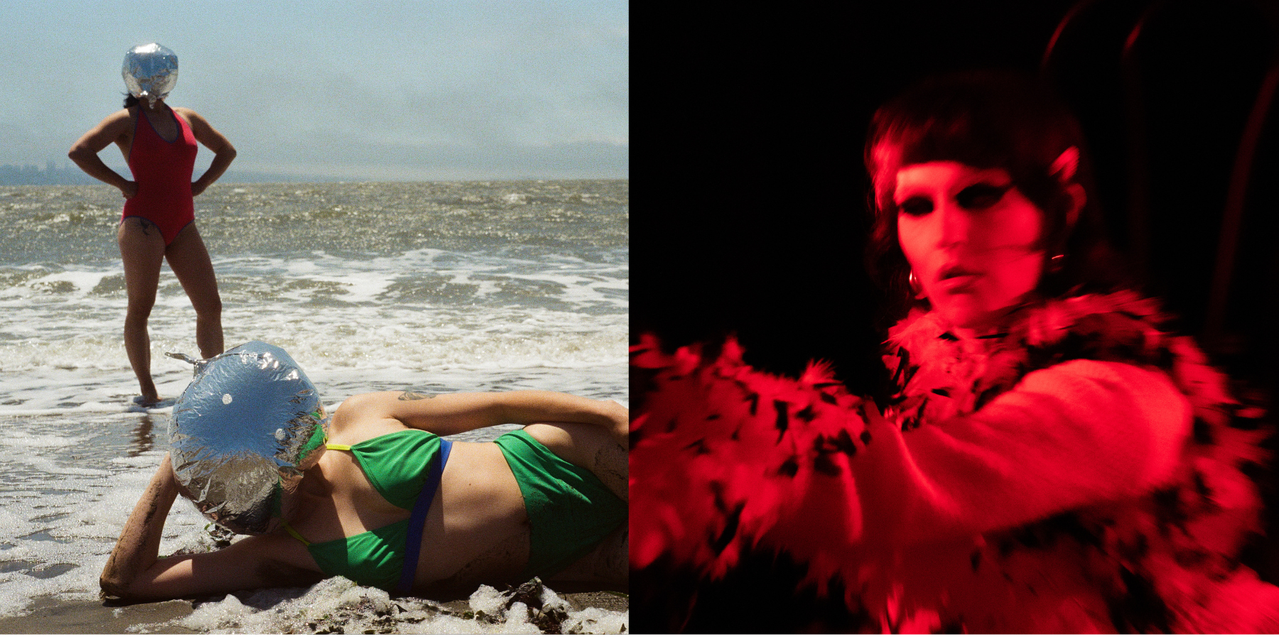 Left: Provided by Melissa Wong Alt text: located on the beach of the Albany Bulb, one figure is laying down horizontal on the sand in the foreground of the image. Their head is supported by their elbow, legs stretched out long. They are a lighter skinned mixed race asian american. They are wearing a bright green bikini with a silver mylar balloon over their head, which is fully inflated because of the wind. The second figure is standing further back, also mixed race asian american, with skin more in shadow, arms bent with hands resting on hips, located on the far left side of the image, in a pink one piece, also with an inflated mylar balloon over her head. Right: Provided by Robbie Sweeny Alt text: A blurry photograph taken in red light. A figure reaches her hand toward the camera, with a long feather boa covering her arm. Her eyes, painted with thick black eyeshadow, are closed in concentration.